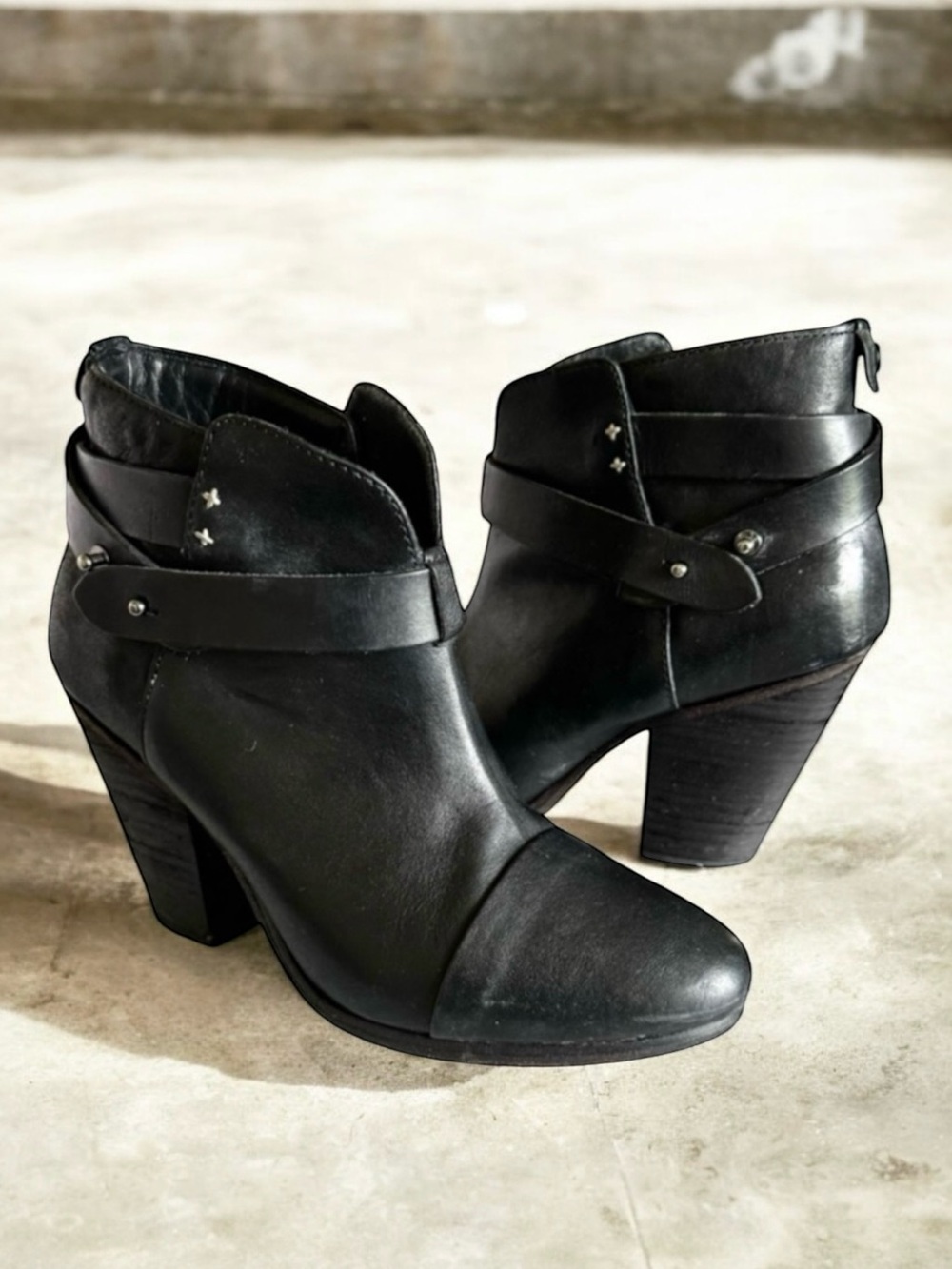 Rag & Bone Harrow Black Leather Heeled Ankle Boots Booties